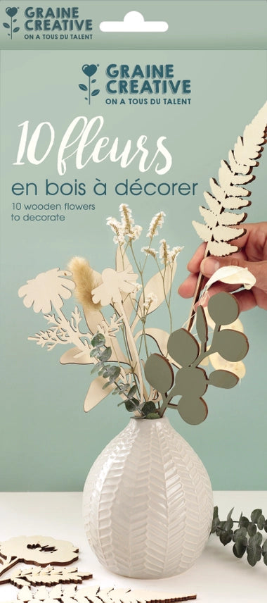 Boite 10 FLEURS EN BOIS CONTREPLAQUE